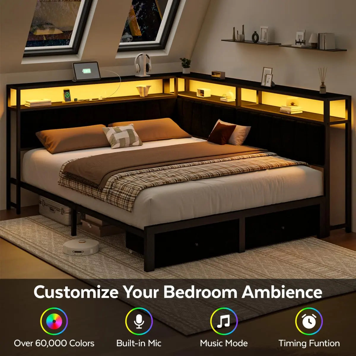 Queen Corner Storage Bed with LED Lights