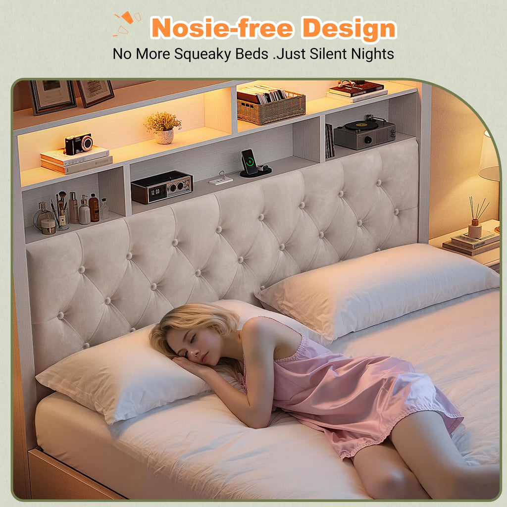 LED Storage Bed with Bookcase Headboard