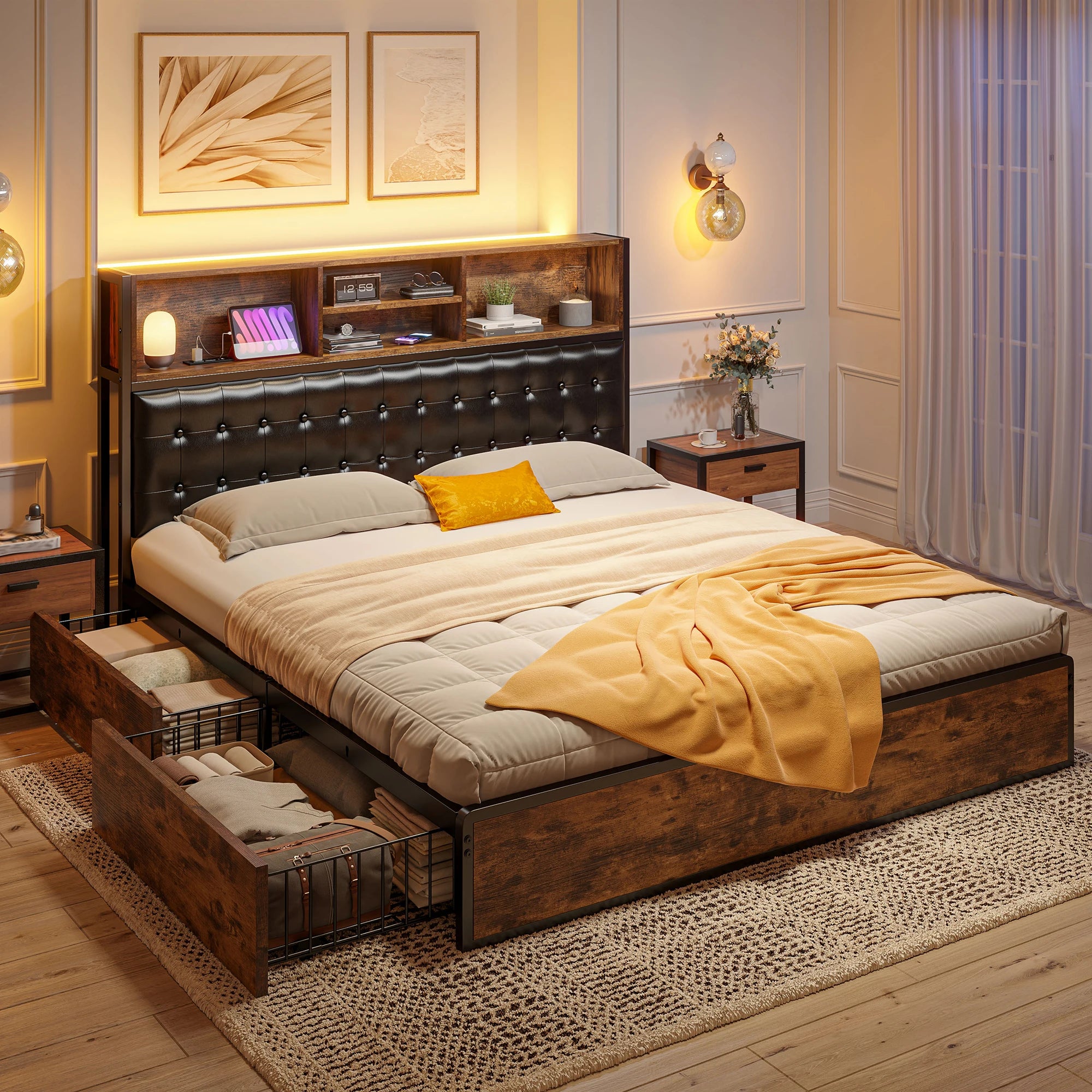 Upholstered Storage Bed with Drawers