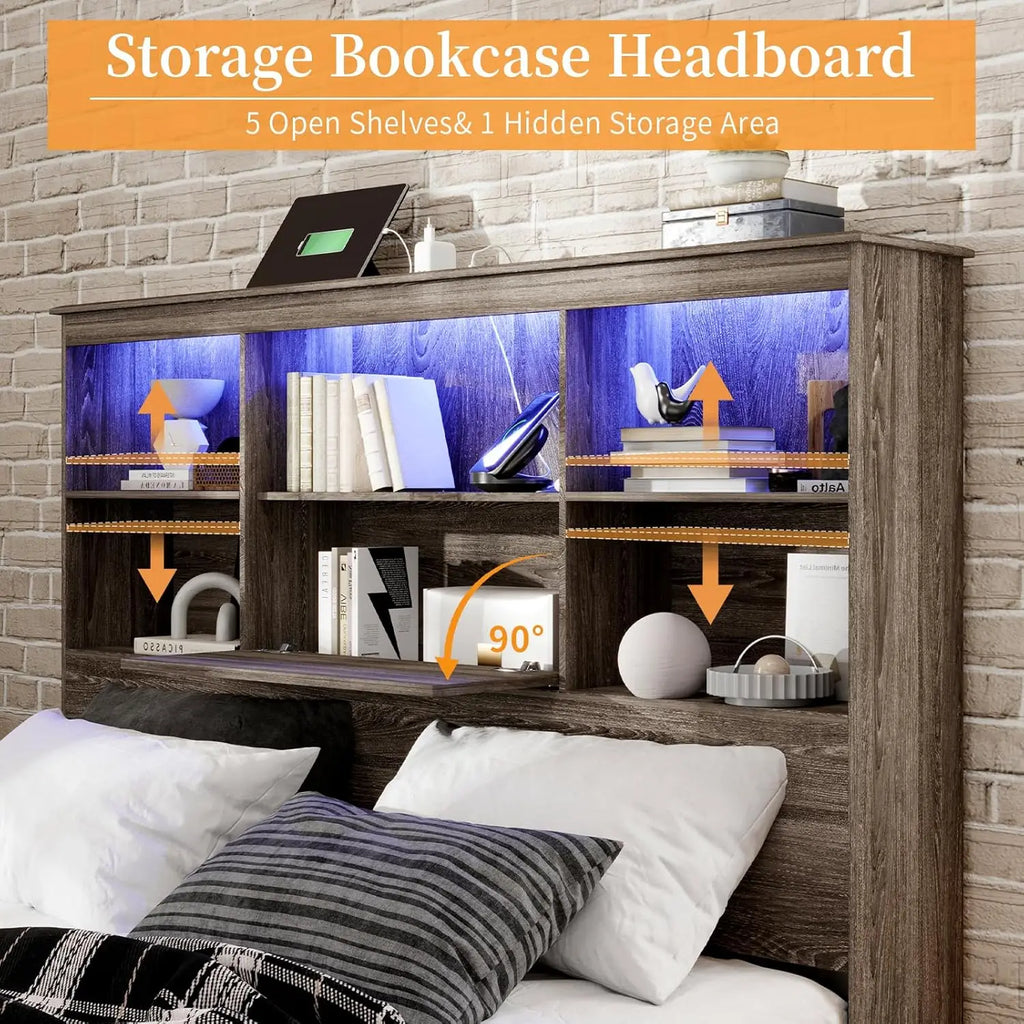 Queen LED Storage Bed with Bookcase Headboard