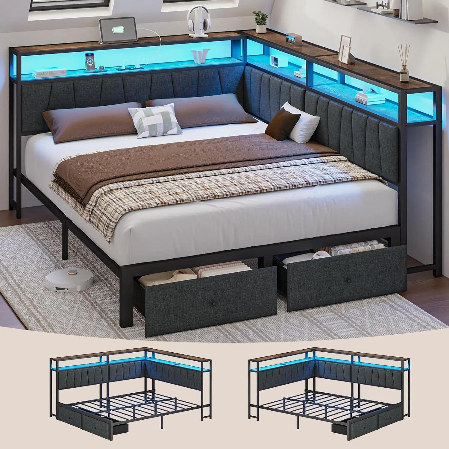 Queen Corner Storage Bed with LED Lights