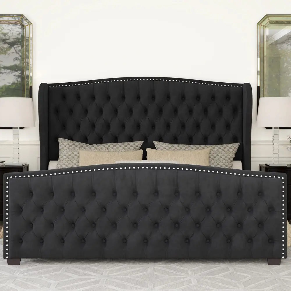 Velvet Wingback Platform Bed