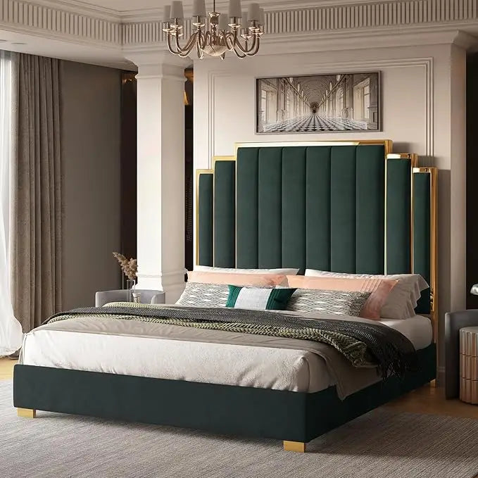 California King Velvet Bed with Gold Trim