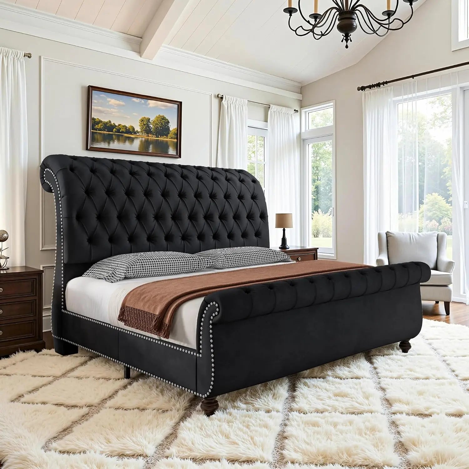 Velvet Sleigh Bed Frame