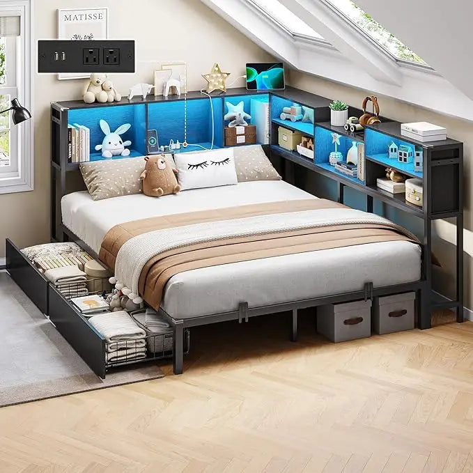 Corner Storage Bed Frame with LED Lights