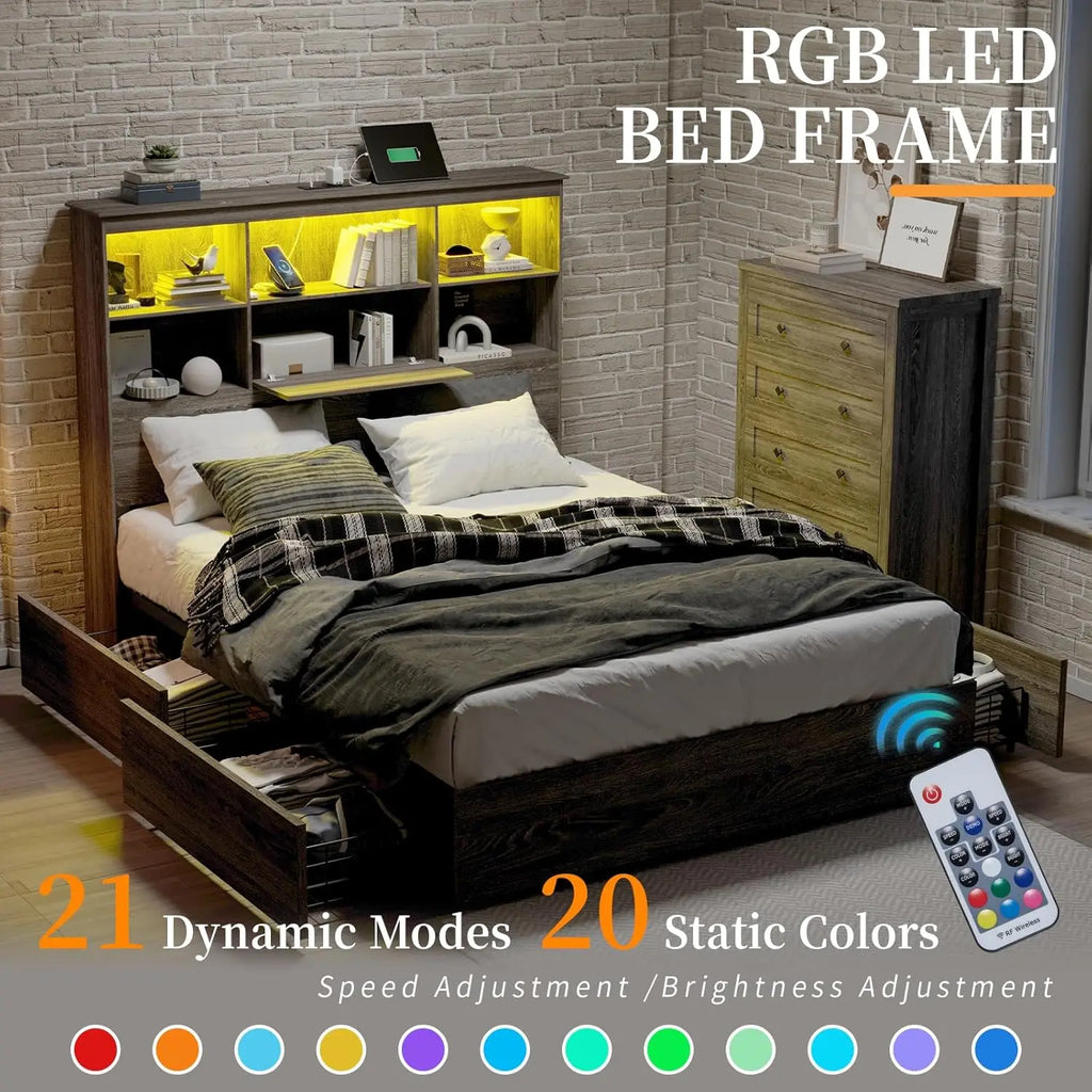 Queen LED Storage Bed with Bookcase Headboard