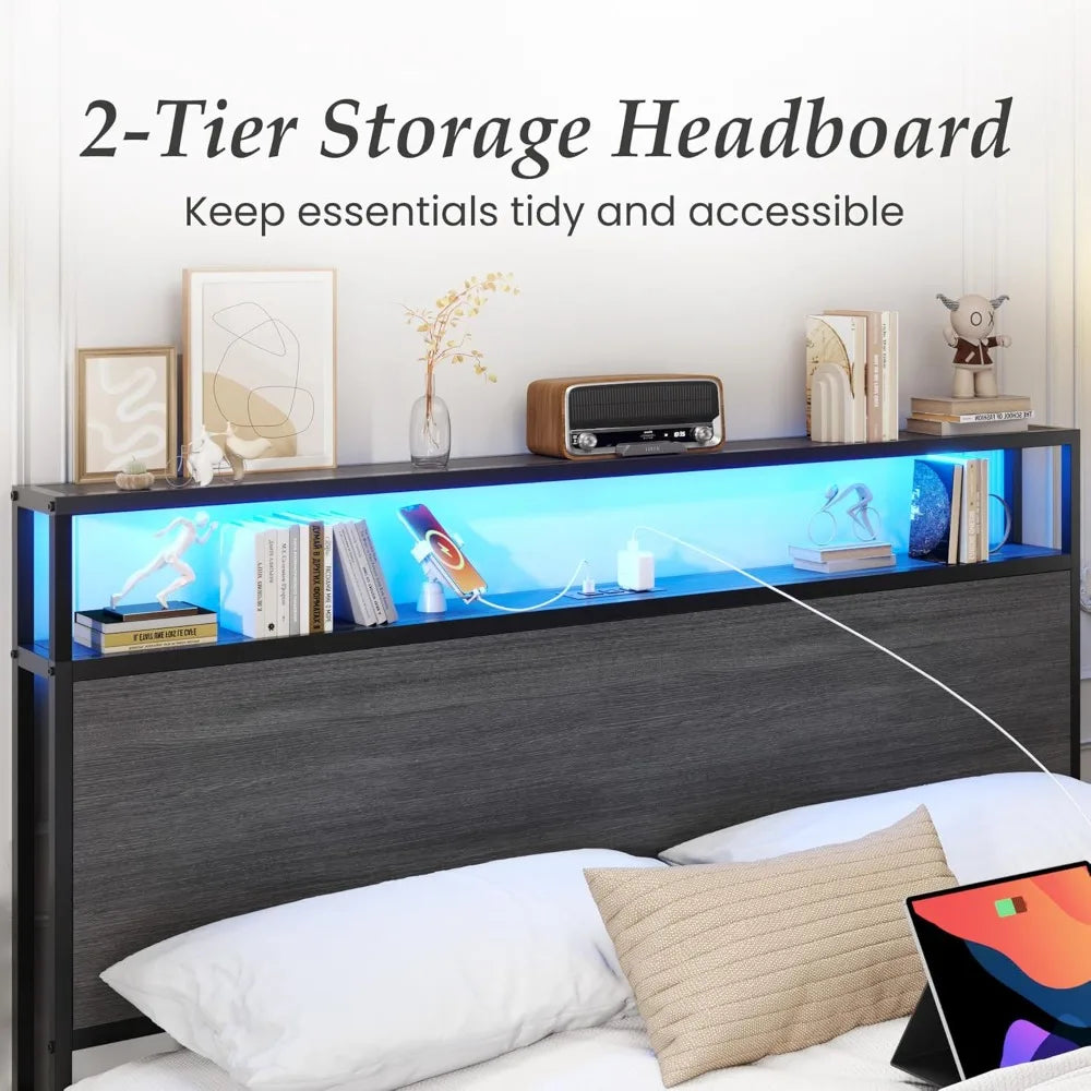 Queen Storage Bed with LED Headboard