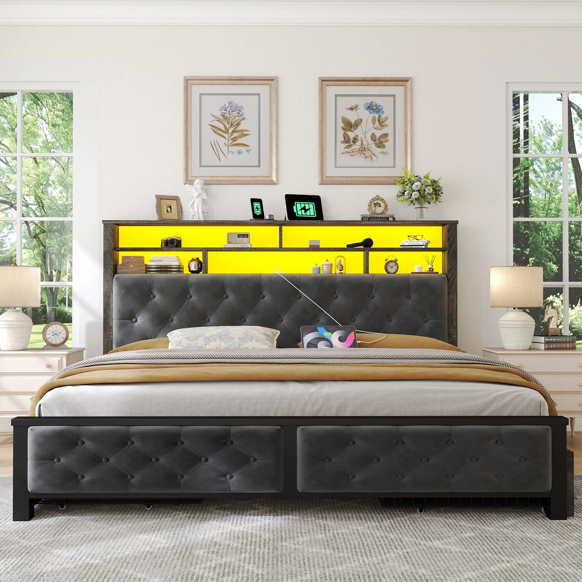LED Storage Bed with Bookcase Headboard