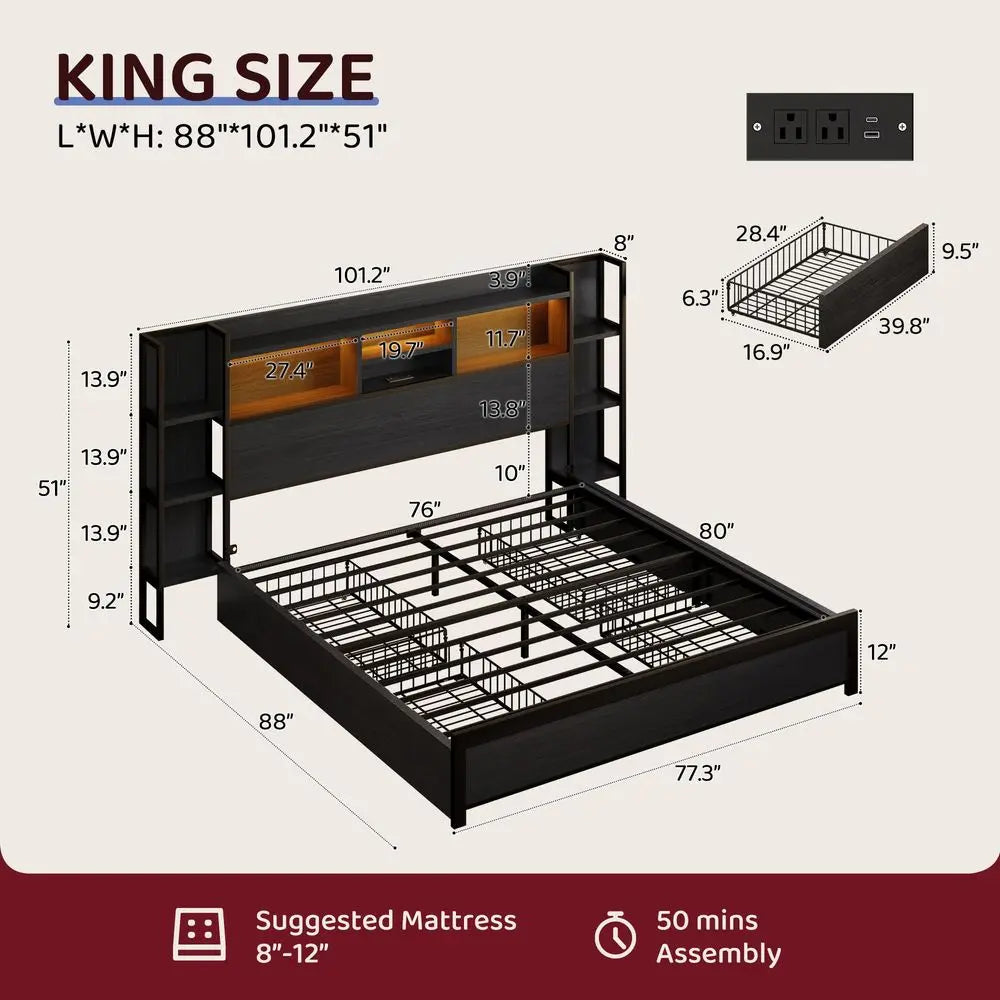 King Bed with Storage Shelf Headboard