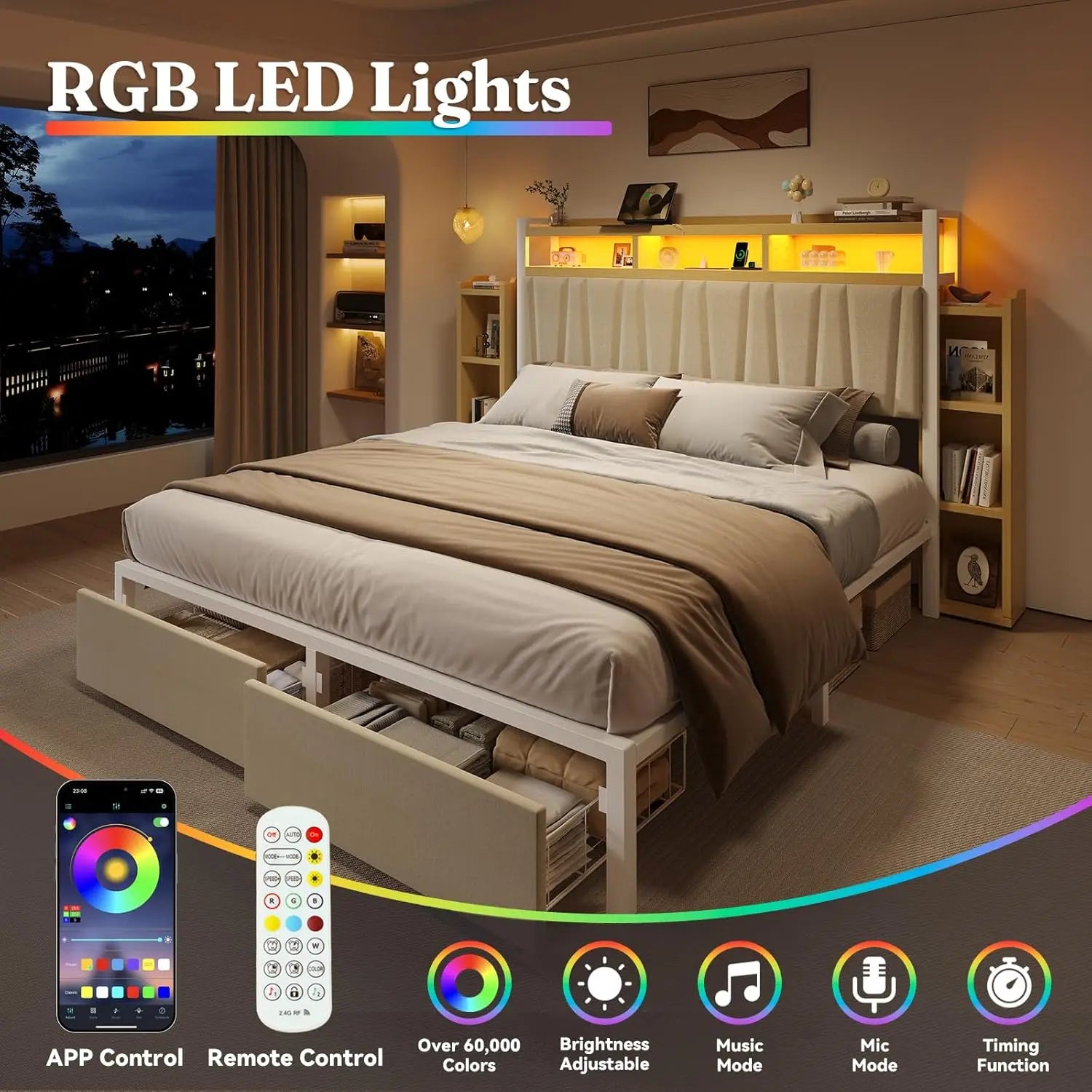 King Storage Bed with LED Headboard